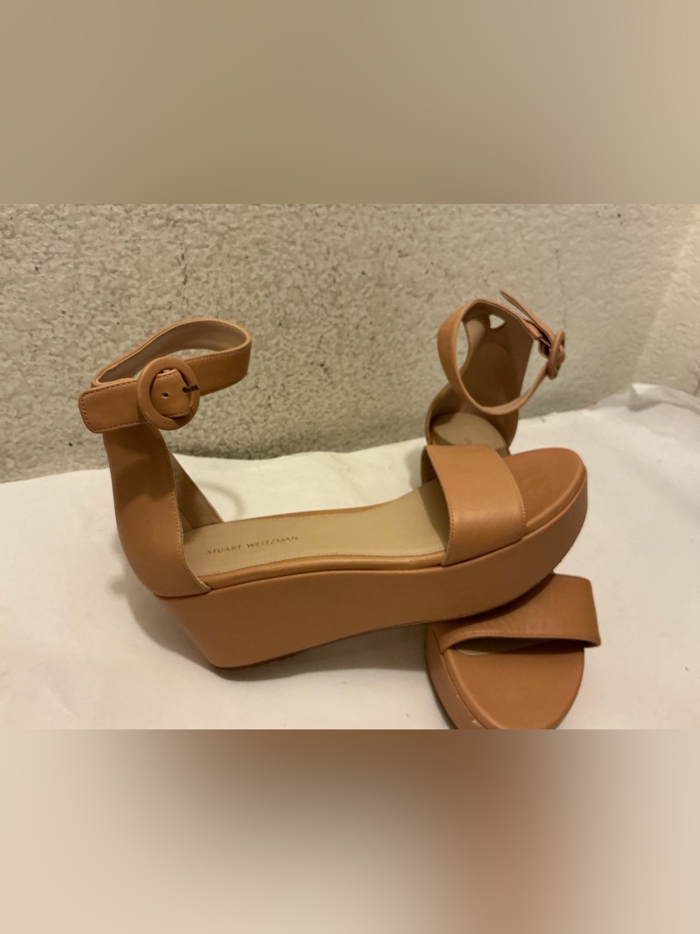 Stuart Weitzman Cognac Leather Platform Ankle-Strap Sandals 7N